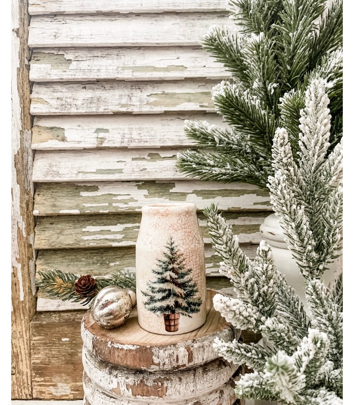 Antique Ironstone Churn Pot w/ Tree transfer - Holiday